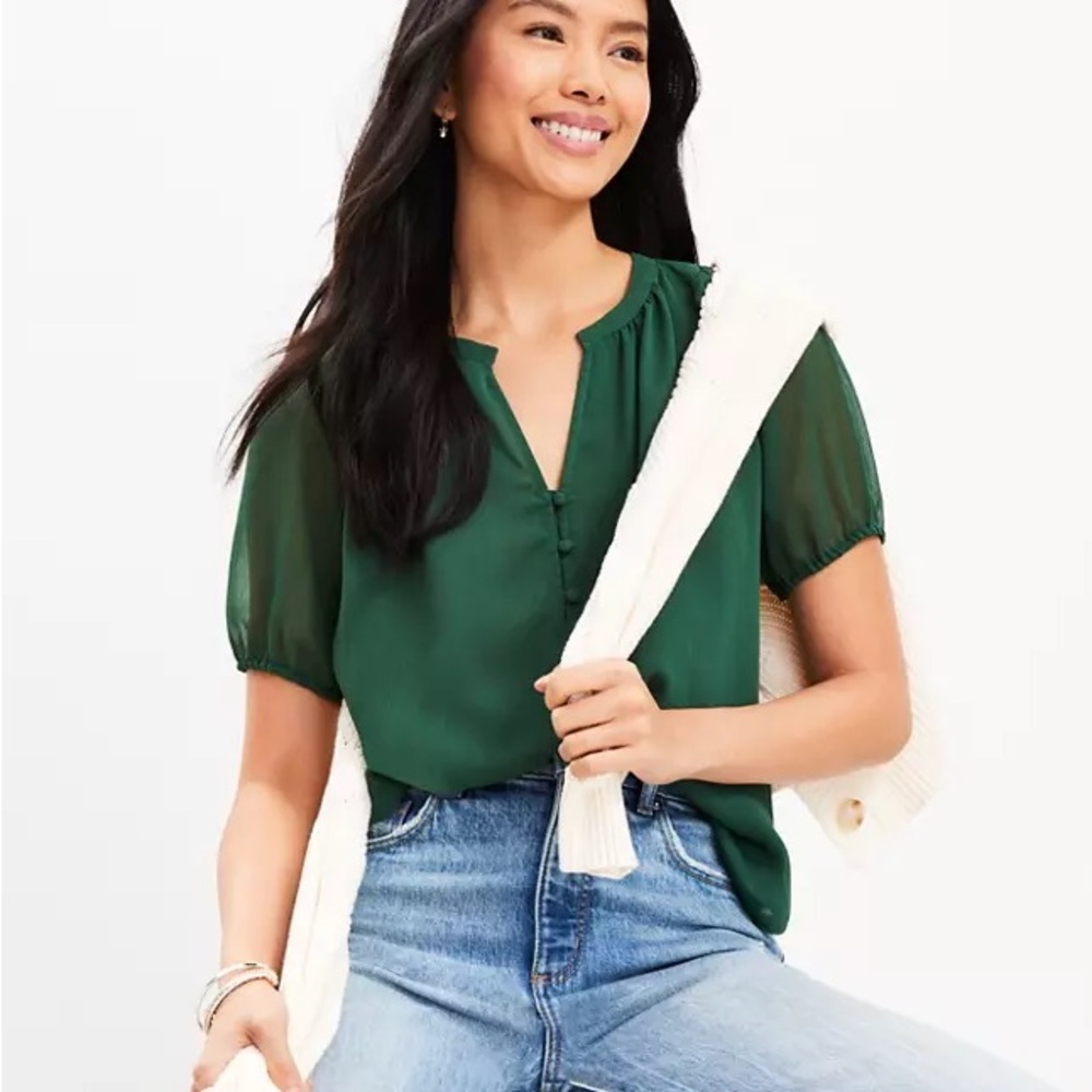 LOFT Sheer Sleeve Green Blouse